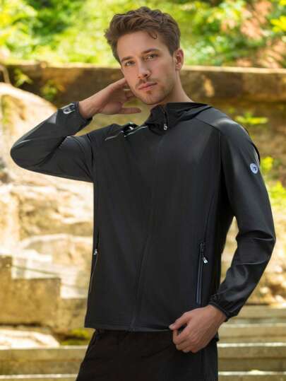 New Spring/Summer Men's Hooded Jacket Suitable For Outdoor Activities Like Cycling, Fishing, Camping, Beach, Casual Outdoor And Daily Wear, Solid Color, Comfortable, Lightweight, Black Outdoor Sports Jacket