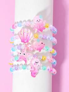 5件套可爱海洋主题章鱼、贝壳、鱼、海马、海星珍珠串珠手链腕带首饰套装，适合节日派对、学校活动、女孩生日礼物 - 彩色 - 查看 9