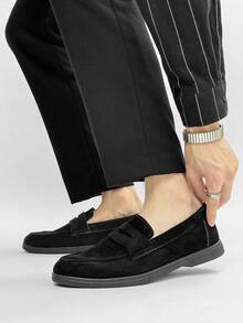 男士休闲乐福鞋，轻便透气平底纯色驾车鞋，套脚莫卡辛鞋，室内/室外鞋，舒适护理鞋 - 黑色 - 查看 7