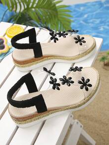 1双女童透明碎花休闲一脚蹬坡跟凉鞋，舒适时尚，适合日常穿着 - 黑色 - 查看 6