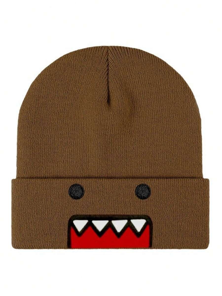 Multi-Color Cartoon Embroidered Knit Beanie - Casual Streetwear Hat, Fashionable Personalized Warm Ski Cap - Brown - View 1