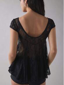 Women's Casual Elegant Sexy Black Pleated Lace Backless Blouse Summer - Black - View 3