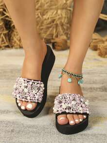Sandal Jepit Minimalis Wanita, Sandal Pantai Kain Warna Polos dengan Aksen Kupu-kupu Berlian Imitasi, Sandal Selop Hak Platform Nyaman untuk Semua Musim - MultiWarna - View 7