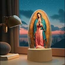 1 pieza Figura decorativa de la Virgen María con luz nocturna, lámpara LED de fe de la Madre Guadalupe, decoración religiosa para el hogar, lámpara de ambiente de acrílico, también adecuada como lámpara de mesita de noche, y práctica, diseño de LED de luz cálida, que cuida los ojos y es acogedora.