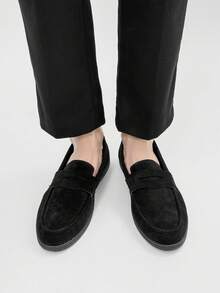 男士休闲乐福鞋，轻便透气平底纯色驾车鞋，套脚莫卡辛鞋，室内/室外鞋，舒适护理鞋 - 黑色 - 查看 8