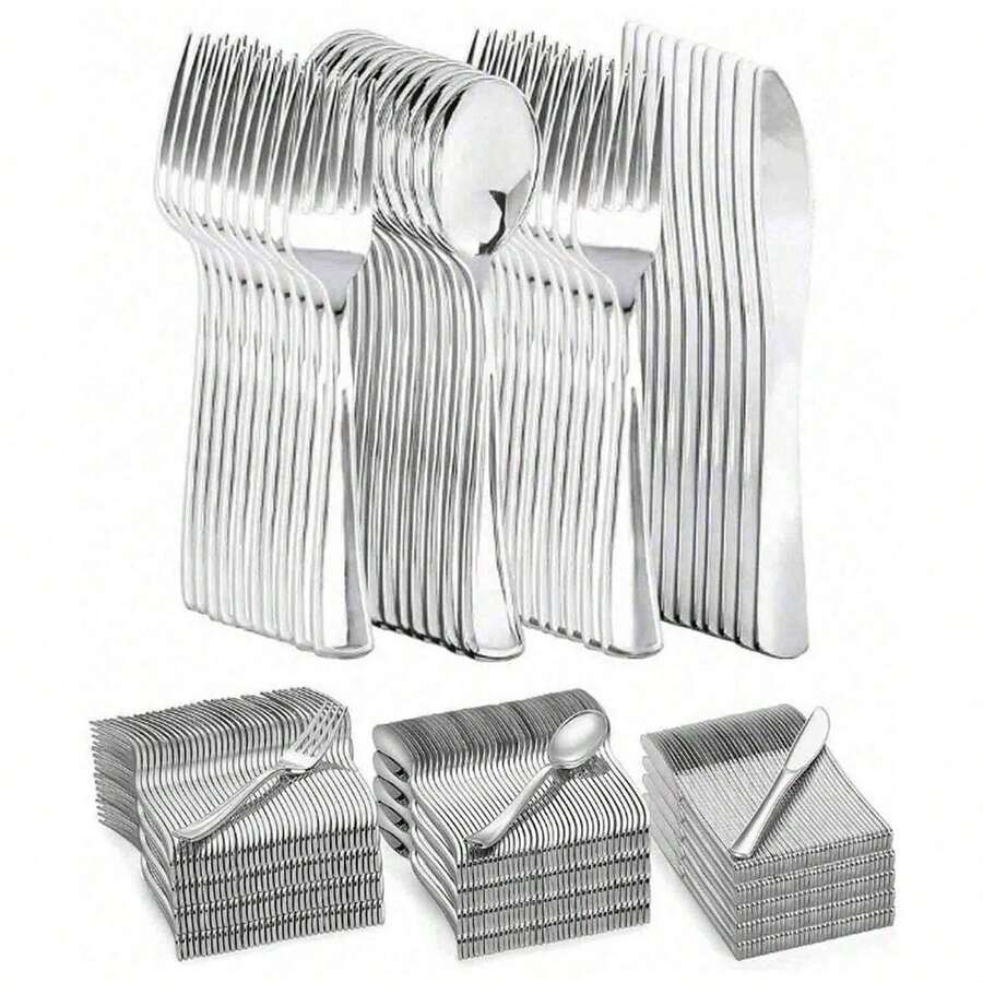 10/25/350/75/150pcs Silver Cutlery Set, High Quality Durable Kitchenware, Washable And Reusable, Minimalist And Elegant Design, Suitable For Parties, Weddings, Gatherings, Dinners, Balls, Beach Parties, Tea Parties, Festivals And New Occasions - Silver - View 1
