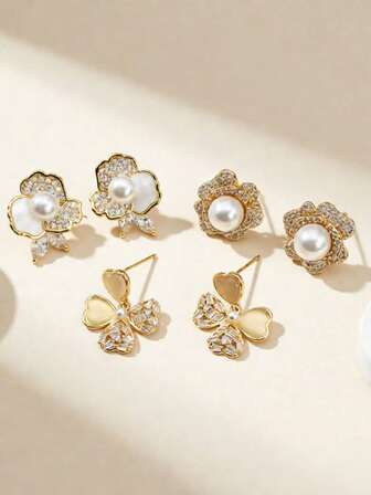 1 par de pendientes de perla con incrustaciones de circonita cúbica en forma de camelia para mujeres, elegantes y lujosos, de estilo francés y noble, versátiles, adecuados para uso diario, fiestas, vacaciones y viajes