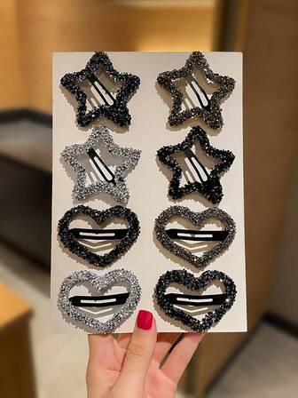 8pcs Women's Multi-Color Star & Heart Rhinestone Hair Clips, Fashionable & Elegant For Daily Wear