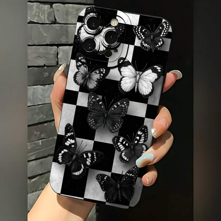 2026 nueva funda de teléfono esmerilada, funda de teléfono con patrón de mariposa y tablero de ajedrez en diseño blanco y negro para iPhone 17 15 14 13 12 11 Pro Max Plus Galaxy S24 S23 S22 S21 Ultra, funda protectora para pareja, regalo para él y ella, San Valentín, cumpleaños, aniversario - Azul Klein - Ver 1