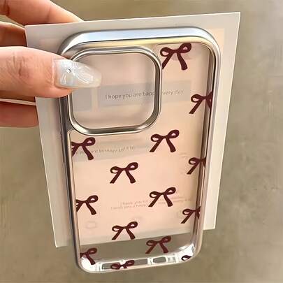 极简奢华 TPU 蝴蝶结元素银色电镀边框图案透明防震手机壳，适用于苹果 17/16/15/14/13/12/11 Pro Max，春季生日礼物派对之选
