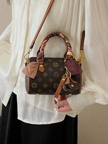 Minimalist Fashionable Handbag Made Of PU Fabric With Exquisite Pattern, Featuring Dual Handles, Pendant And Silk Scarf Accent, Combining Style And Elegance. Ideal For Women, Female College Students, Commuters, And Various Occasions, Also A Great Gift For Friends And Family. - Brown - View 3
