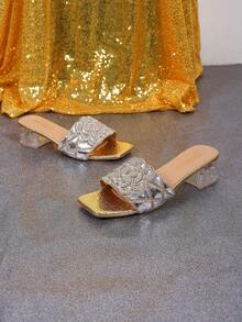 1 para modnych, błyszczących, odblaskowych, zdobionych kryształkami sandałów wsuwanych w dużych rozmiarach dla nastolatek, eleganckie, kryształowo-przezroczyste klapki na grubym obcasie, uniwersalne na urodziny, imprezę, na co dzień, do pracy, w podróż, na wiosnę/lato - Złoto - Zobacz 3
