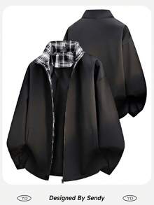 男士休闲宽松格子夹克，立领，轻薄款，春秋季