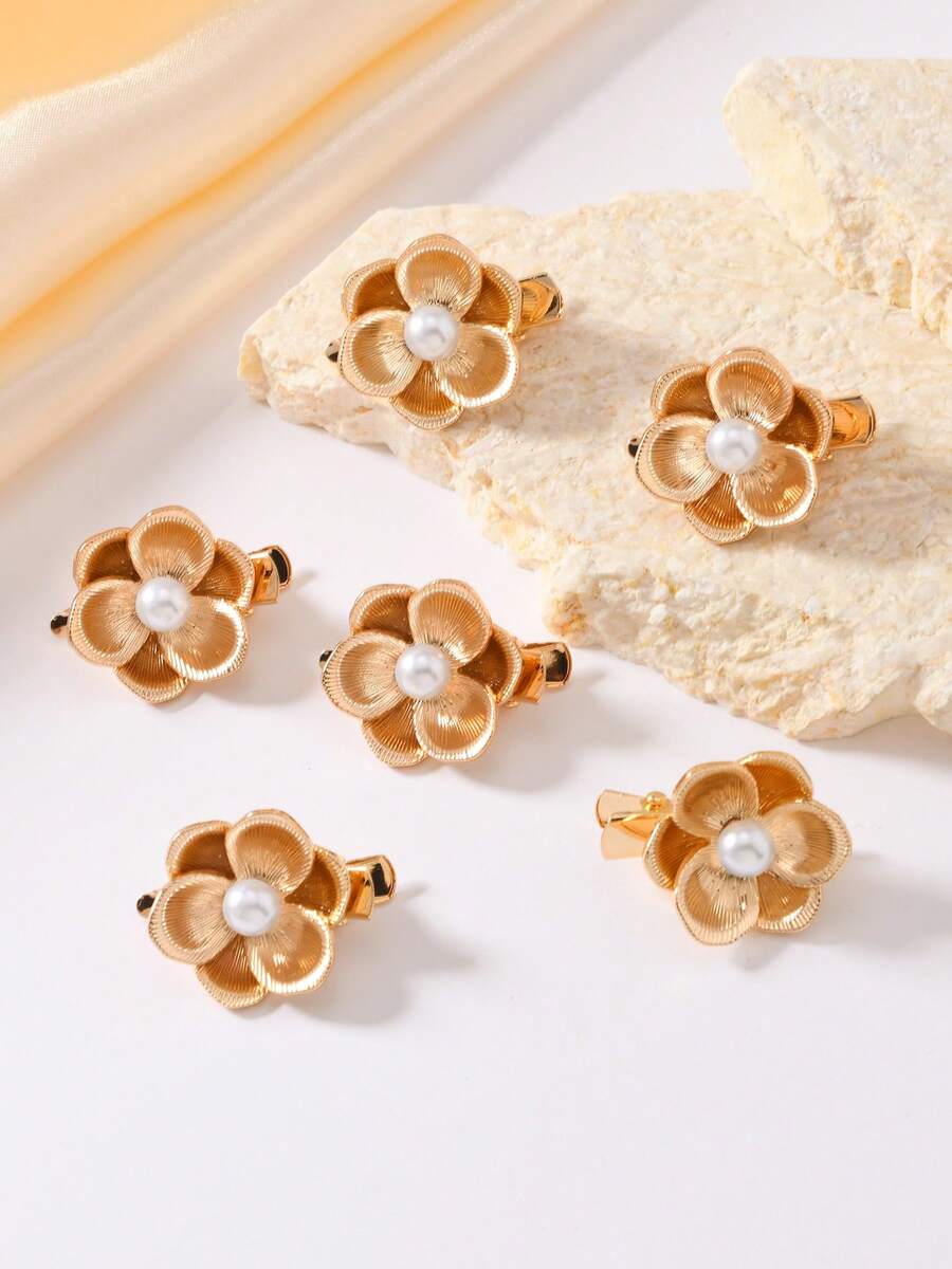 2/3/6pcs Pearl Flower Hair Clips, Suitable For Dates, Parties And Other Occasions - Gold - View 1