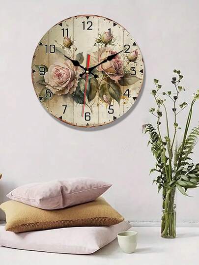 1pc Vintage Rose Wall Clock - Silent Non-Ticking Battery Operated, Elegant Pink Rose & Green Leaf Floral Design, Round Wooden Frame, Suitable For Home, Office, Kitchen Or Bedroom Decor (Batteries Not Included), Living Room Wall Clock