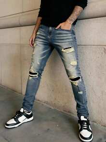 Men's Slim Fit Distressed Denim Jeans, Stretchy Fabric, Casual Street Style, Vintage College Look, All Season - 藍色 - 查看 2