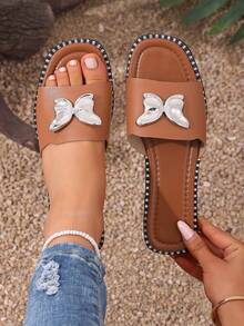 Women's Fashion Square Toe Slip-On Bow Buckle Flat Slide Sandals - Brown - View 6