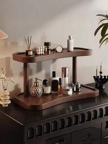 Organisateur de comptoir à double couche en noyer - Étagère de rangement élégante pour les cosmétiques, les parfums et les soins de la peau, parfait pour la salle de bain, la cuisine et le bureau, avec un compartiment fermé séparé - Brun - Voir 1