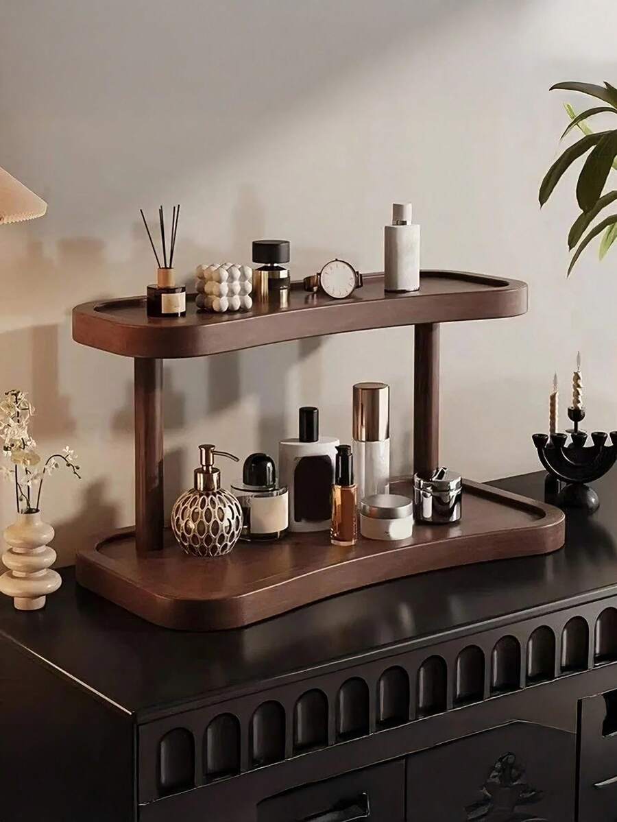 Organisateur de comptoir à double couche en noyer - Étagère de rangement élégante pour les cosmétiques, les parfums et les soins de la peau, parfait pour la salle de bain, la cuisine et le bureau, avec un compartiment fermé séparé - Brun - Voir 1