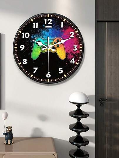 1pc 10inch/12inch Electronic Game Theme Silent Wall Clock, Round Wooden Digital Display, Suitable For Bedroom, Living Room, Bar Decor