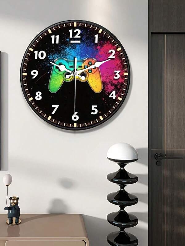 1个10英寸/12英寸电子游戏主题静音挂钟，圆形木质数字显示屏，适用于卧室、客厅、酒吧装饰