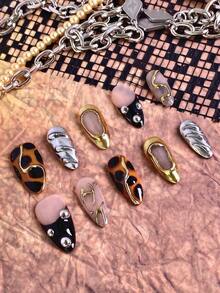 10片杏仁形手工金属线条亮片水滴形全覆盖亮面可重复使用亚克力假指甲套装，包含指甲胶水和指甲锉。适合情人节、新年、派对、日常佩戴，也可作为礼物。 - 查看 3