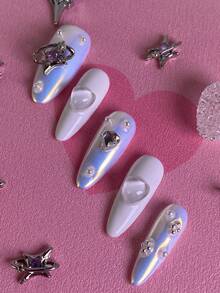 10 piezas Pegatinas de arte de uñas para mujeres, puntas de uñas con forma de almendra, decoraciones de uñas hechas a mano exquisitas, con un color base degradado de azul y blanco soñador, adornado con pequeños detalles como estrellas, perlas falsas y corazones. Cada pieza tiene un diseño único y una textura excelente. Este conjunto de uñas postizas acrílicas brillantes y reutilizables de cobertura total incluye pegamento para uñas y es perfecto para el Día de San Valentín, fiestas de cumpleaños, uso diario, colección o como regalo. - Multicolor - Ver 5