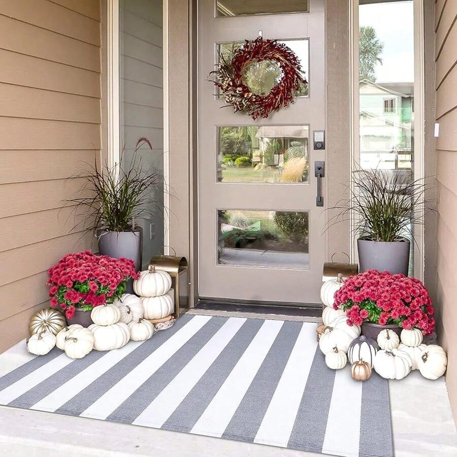 IOHOUZE Grey White Striped Rug -3X5 Front Door Mats Outdoor,Washable Rug For Front Porch Decor,Spring Summer Welcome Mats Outdoor Indoor, Doormat For Farmhouse/Entryway/Home Entrance,One-Size,GreyWhiteStripe3x5Rectangular - GreyWhiteStripe3x5Rectangular - View 1