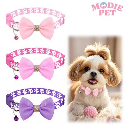 1/3 piezas Collar decorativo ajustable con lazo de lentejuelas y estampado de patita adorable, accesorios pequeños para mascotas felices, gatos y perros