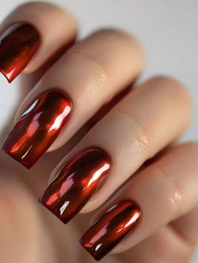 24pcs/Set Y2K Style Magical Burgundy Metallic Chrome Shiny Press-On Nails, Short Square Full Holographic Burgundy Mermaid Mirror Glitter Pearl Aurora Artificial False Nails, Includes 1pc Jelly Gel And 1pc Nail File, Easy To Wear Nails For Sparkling Fingertips, Suitable For Parties, Dancing And Daily Wear