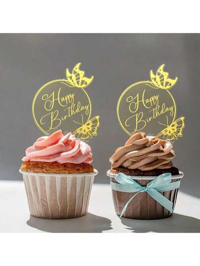 5pcs Acrylic Happy Birthday Butterfly Cupcake Toppers, Suitable For Birthday Party Cake & Dessert Decorations