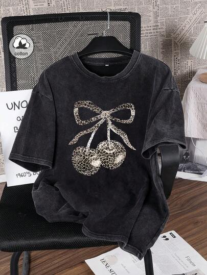 Es Trus Plus 夏季女式宽松复古“豹纹樱桃”个性化蝴蝶结印花街头水洗T恤，韩版舒适复古时尚通勤百搭Y2K女装，适合户外休闲，常规小众朋克风黑色宽松圆领短袖水洗加大码T恤
