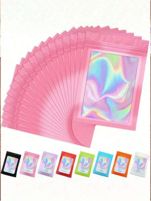 100 Peças Sacos Holográficos Transparentes, Sacos de Embalagem à Prova de Odor, Sacos Lacrados, Sacos de Armazenamento de Alimentos em Filme de Poliéster, Sacos Lacrados com Zíper, Sacos Holográficos Reselháveis em Filme de Poliéster, Sacos de Presente, Sacos à Prova de Odor, Sacos de Folha de Alumínio, Adequados para Armazenamento de Alimentos, Festas e Presentes, Sacos em Filme de Poliéster, Embalagem Reselável Holográfica com Janela Transparente