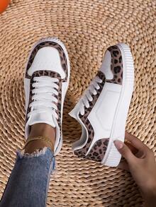 女士轻便系带低帮运动鞋 - 豹纹点缀休闲鞋，简约设计，适合跑步、步行和日常穿着，四季皆宜，时尚百搭的学生运动鞋 - 滑板鞋 - 训练鞋 - 棕色 - 查看 11