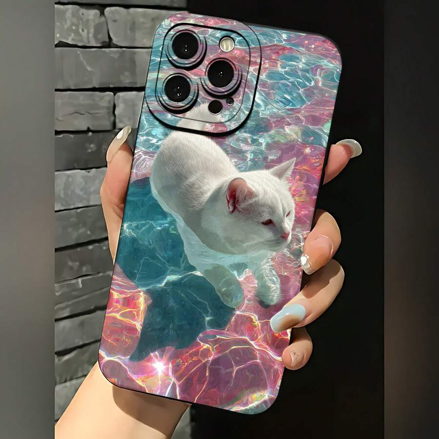 2026 nueva funda de teléfono esmerilada, funda de teléfono con impresión de gato en piscina para  17 15 Pro Max  17 14 Pro  17 13  Galaxy S23 S22 S21 funda protectora para teléfono regalo de pareja para novio novia regalo de vacaciones - Negro - Ver 1