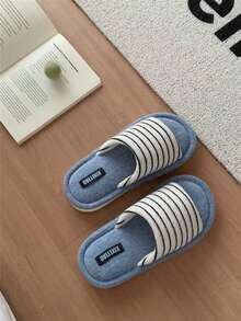 XIXITIAO 1 đôi dép lê sọc phối màu retro, đế mềm mại, thoải mái, thích hợp mang trong nhà vào mùa thu/đông. - Xanh và trắng - Xem 11