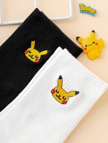 pokemon 2 双男士刺绣宝可梦系列皮卡丘图案趣味卡通中筒袜，男女通用，适合运动，四季皆宜，欧美尺码，舒适透气，经久耐穿，色彩丰富，适合日常穿着，采用优质面料制成，不闷热。 - 黑與白 - 查看 4