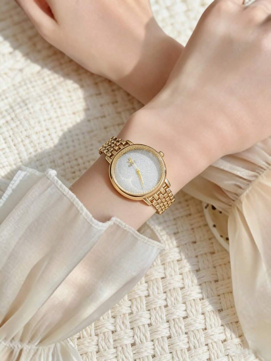 1pc/Set Women's Gold Chain Watch, Glitter Starry Dial With Star & Moon Decor, Elegant & Fashionable Ladies Watch For Commute, Daily Wear, Suitable As Gift For Women, Occasions Like Christmas, Valentine's Day, Ramadan, Eid, Carnival, Chinese New Year