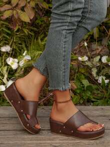 2025新款夏季厚底坡跟拖鞋女鞋，厚底凉鞋 - 棕色 - 查看 5