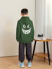 青少年男童休闲印花黑色保暖内衬卫衣，秋季款 - 軍綠色 - 查看 2