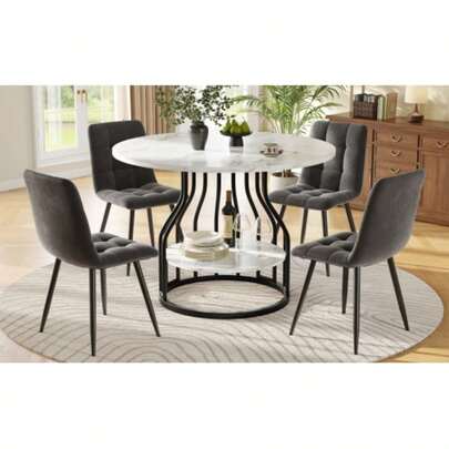 Esstisch-Set (5-Teilig), Esstisch-Set Mit 4 Stühlen, Modernes Küchen-Esstisch-Set, Runder Küchentisch Mit Durchmesser 80 Cm, Schwarze Metallbeine, MDF-Marmor-Tischplatte, Graue Samt-Esszimmerstühle