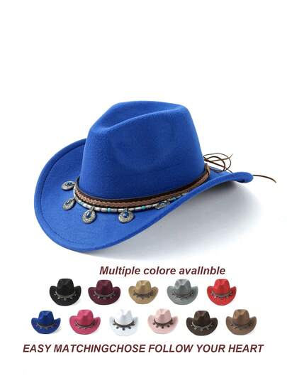1pc Bohemian Style Polyester Beaded Bow Cowboy Hat, Versatile Fashion Accessory For Daily Wear, Unisex