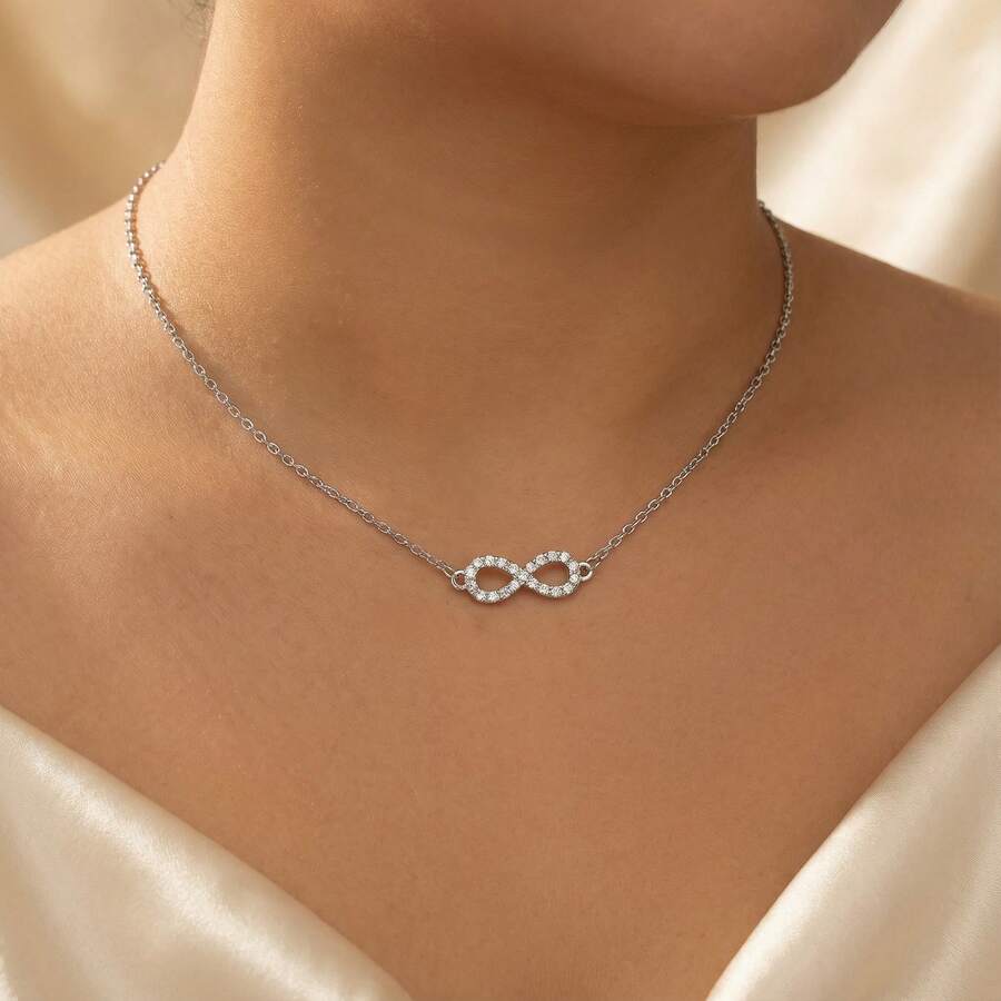 1pc Luxury Gold-Tone Cubic Zirconia Embedded Infinity Collar Necklace For Women - Silver - View 1