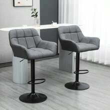 HOMCOM Kitchen Bar Stools, Set Of 2, Height Adjustable, 360° Swivel, With Backrest And Footrest, Linen Look, Up To 120 Kg, 57.5 X 52.5 X 93-114 Cm, Grey - Grey - View 2