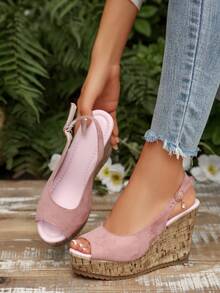 1. 轻盈面料女士坡跟露趾凉鞋，夏季新款水晶吊坠绑带露趾坡跟高跟鞋 - 淺粉色 - 查看 4