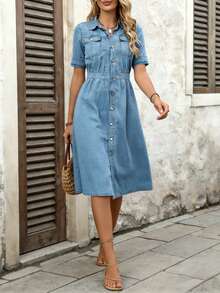 Women's Solid Color Flip Collar Waist Gathering Puff Sleeve A-Line Denim Dress,Women's Summer Dresses,Summer Outfits For Women - 中等水洗藍 - 查看 4