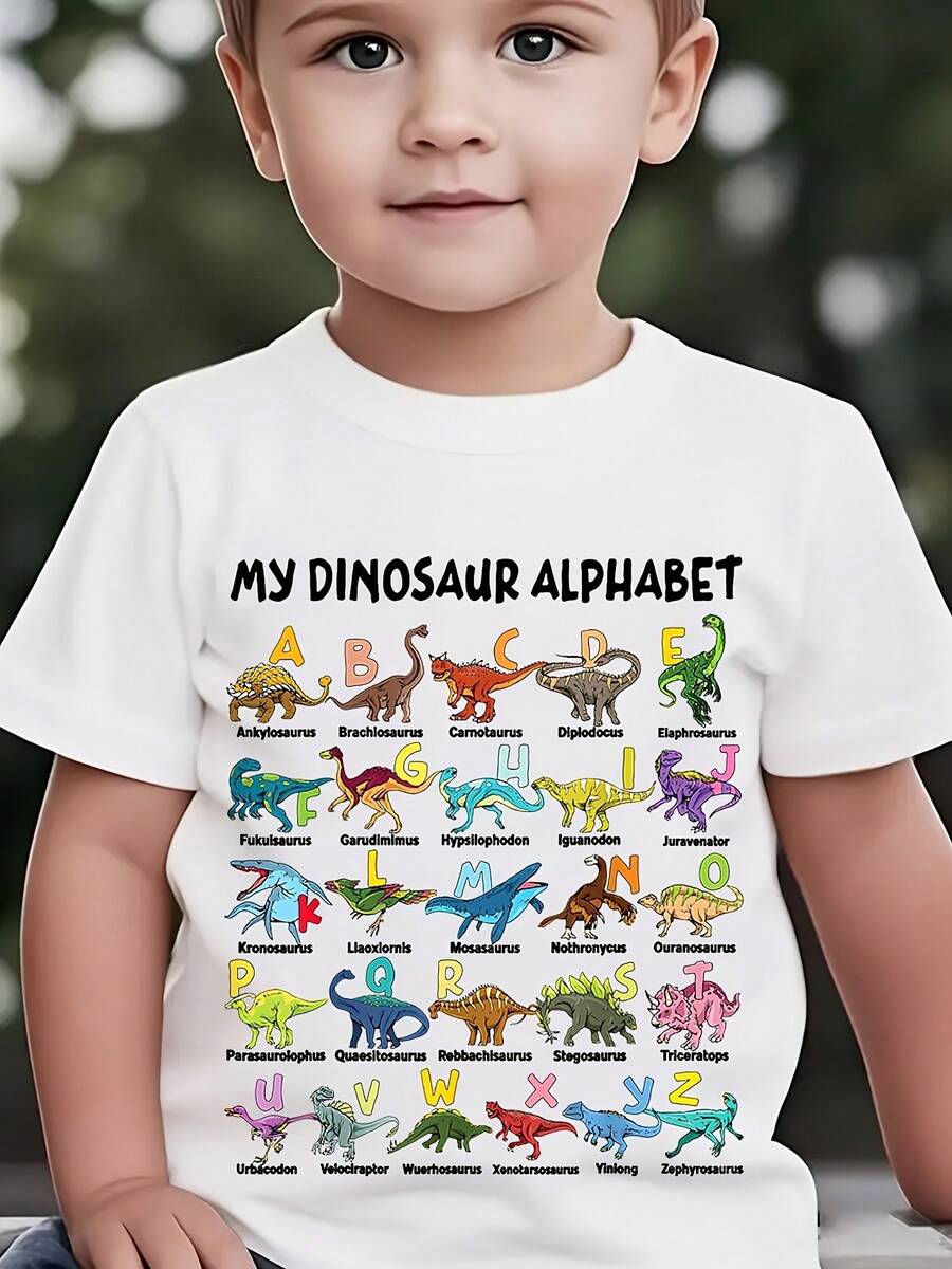 Moda de verano para niños, camiseta de manga corta "MI DINOSAURIO ALFABETO", elemento de dinosaurio, impresión de alfabeto, tops casuales para exteriores NY-DX5404 - Blanco - Ver 1