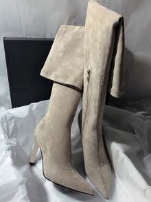 Fall/Winter Pointed Toe Thigh High Boots, Elastic Slim Fit Tall Boots, Fashion High Heel Suede Boots For Women