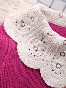 Infant Girls' Knitted Embroidered White Lace Collar Cardigan Sweater, Suitable For Casual Wear Or Outings - Hot Pink - View 3