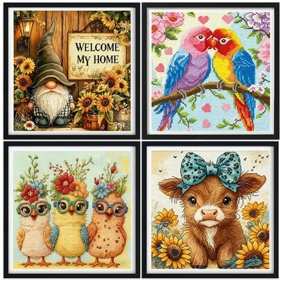 一套印花十字绣套件，新款秋季设计——“欢迎回家花园小矮人”/“现代鸡-高地牛”图案，11CT中格3股绣线，适合初学者，可用于玄关、客厅、卧室装饰